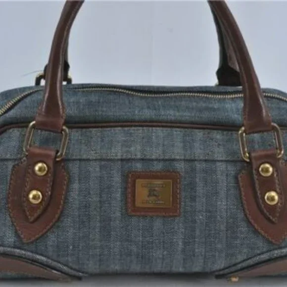 Authentic BURBERRY BLUE LABEL Hand Bag satchel Denim Leather Blue